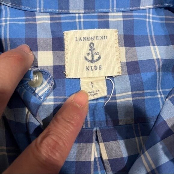 Land's End Kids Size 7 Plaid Button-Up Shirt Blue & White Long Sleeve Cotton - Picture 2 of 2